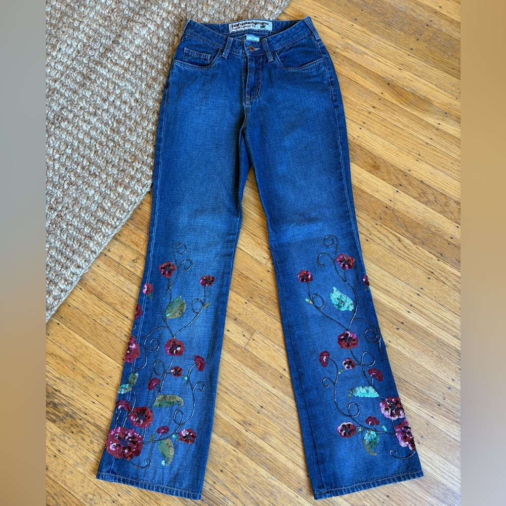 SOLD Vintage Y2K Parasuco Boot Floral Embellished Jeans Size 24 Made in India